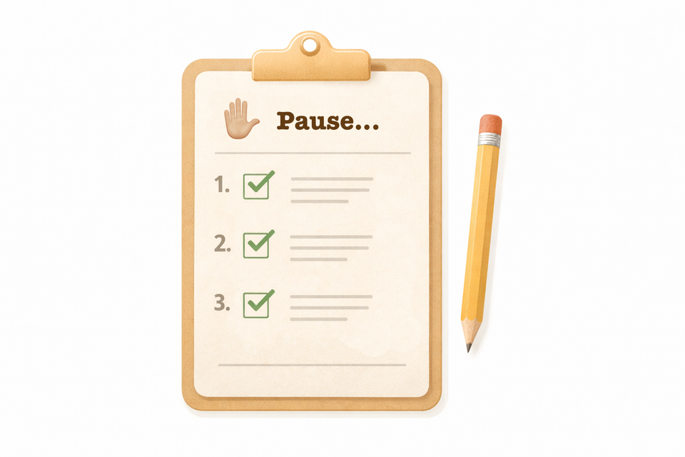 A clipboard called "PAUSE" with steps and chekmarks