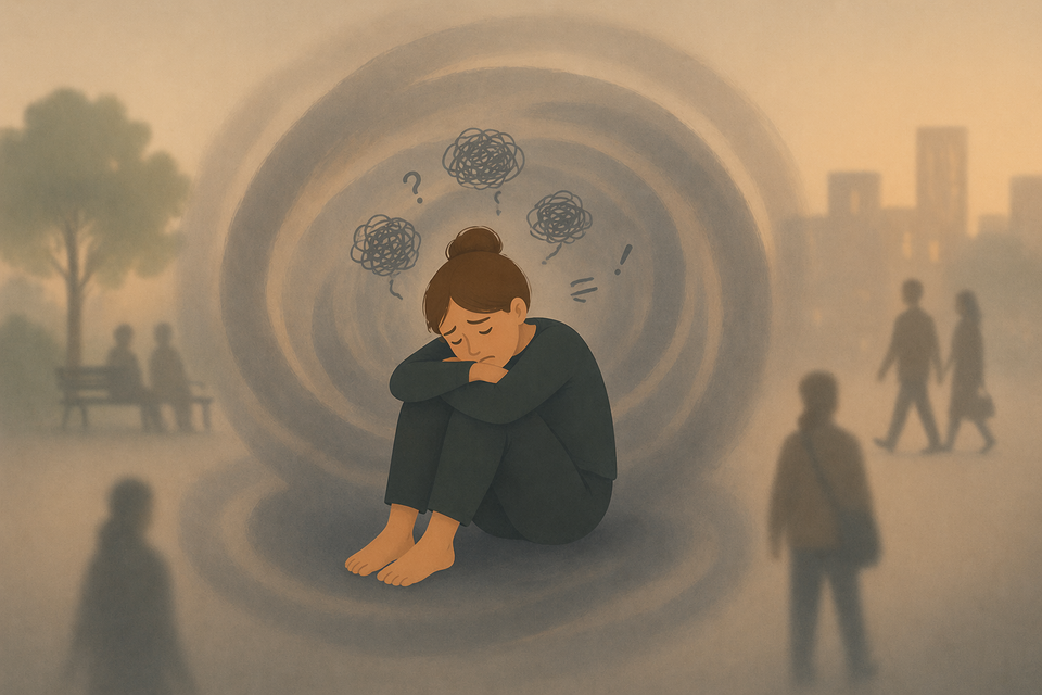 Une personne isolée du monde avec un nuage de pensées difficiles au dessus de la tête, le visage angoissé.