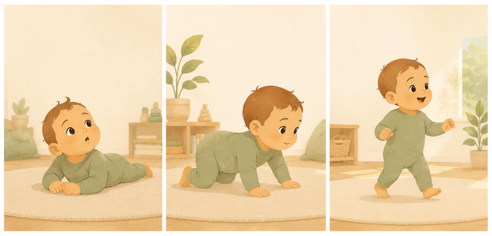 Illustration d'un bébé. Au début, il est allongé sur le sol, puis il rampe avec un air déterminé, puis il se met à marcher. 