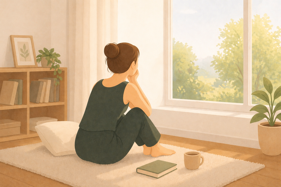 Une femme assise sur un tapis moelleux, regardant par la fenêtre, l'air calme et pensif.