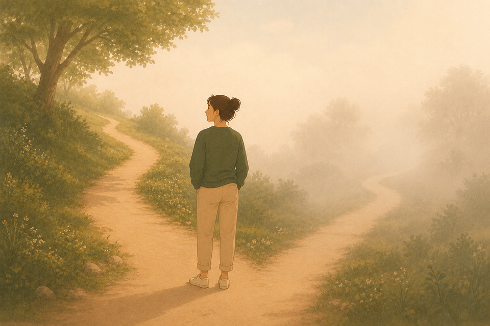 Une personne choisit le chemin de gauche à une croisée de chemins paisible. Le chemin de gauche est clair et lumineux, tandis que celui de droite disparaît dans la brume.