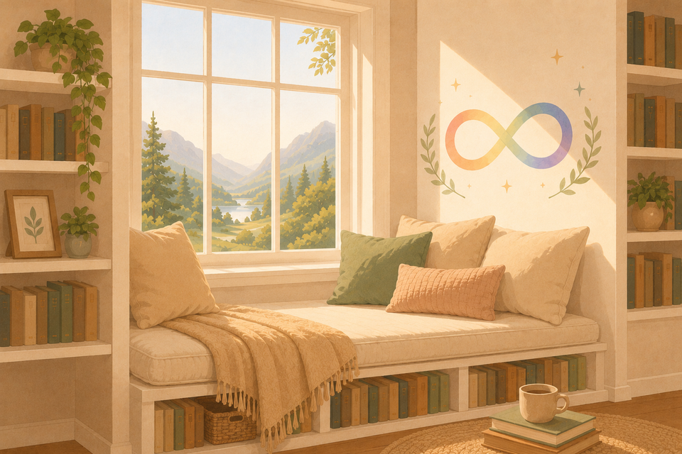 Coin lecture chaleureux avec une banquette moelleuse sous une fenêtre, entourée de livres et de plantes, avec un symbole infini arc-en-ciel pastel représentant la neurodiversité