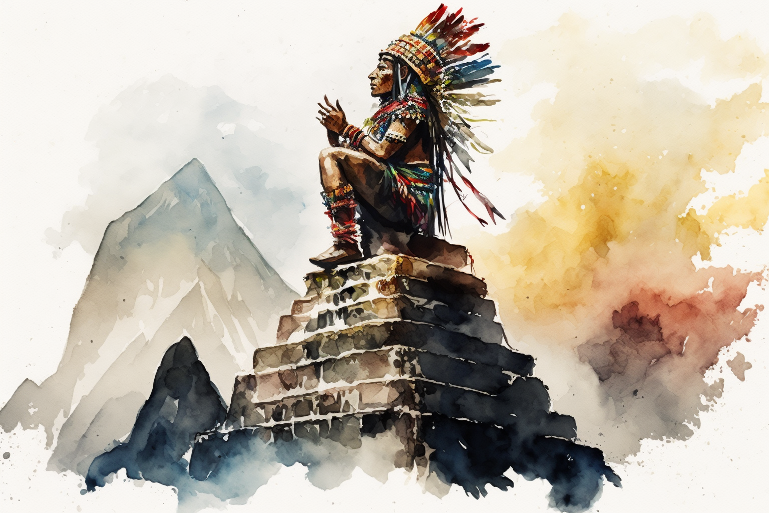 incan praying to the gods upon a pyramid