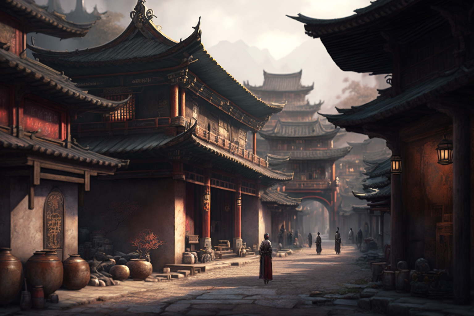 medieval chinese town bustling street
