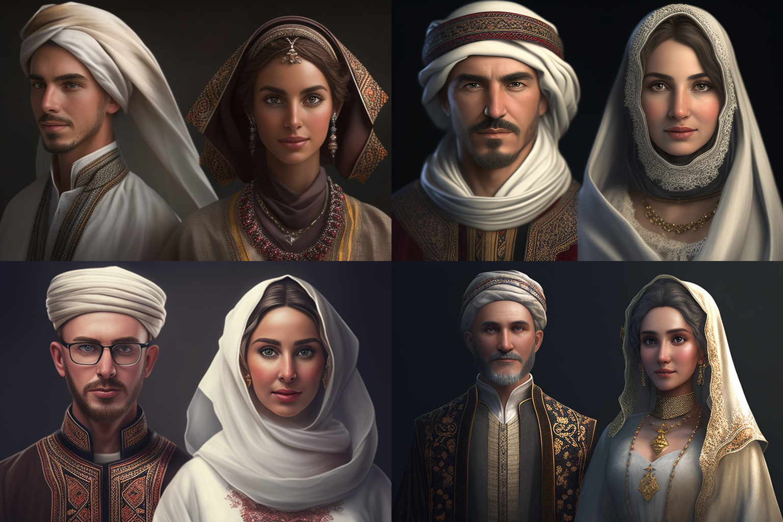 4 panels with different couples wearing different clothing