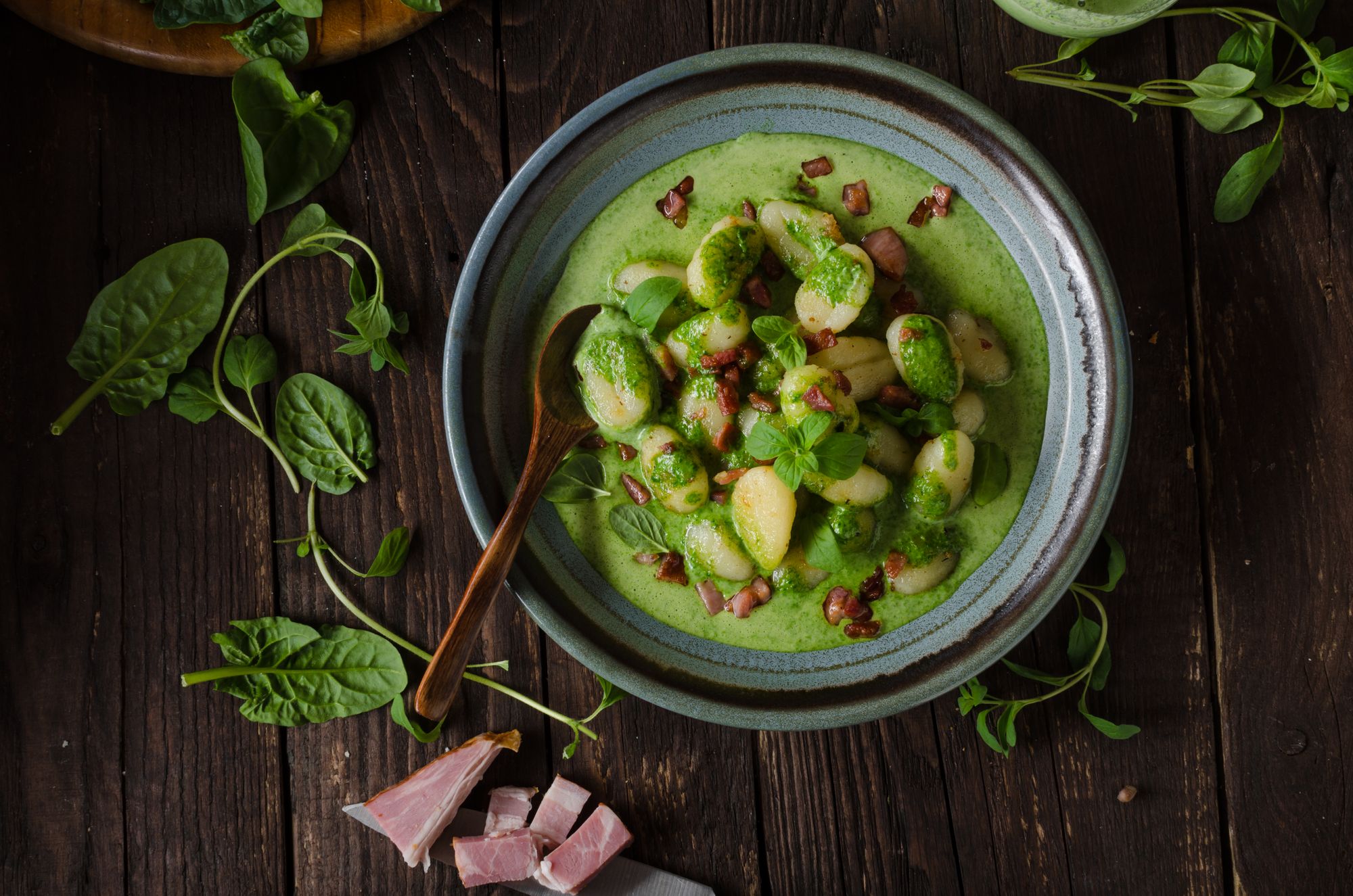 Gnocchi with Bacon and Spinach Pesto