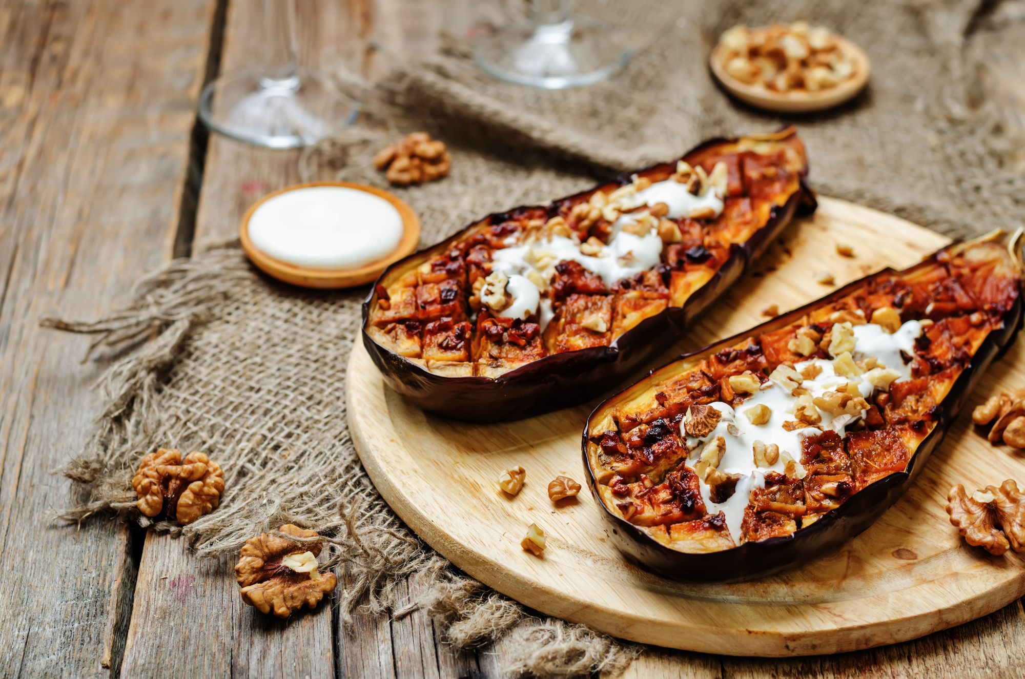 Roast Eggplant/Aubergine with Walnut Salsa