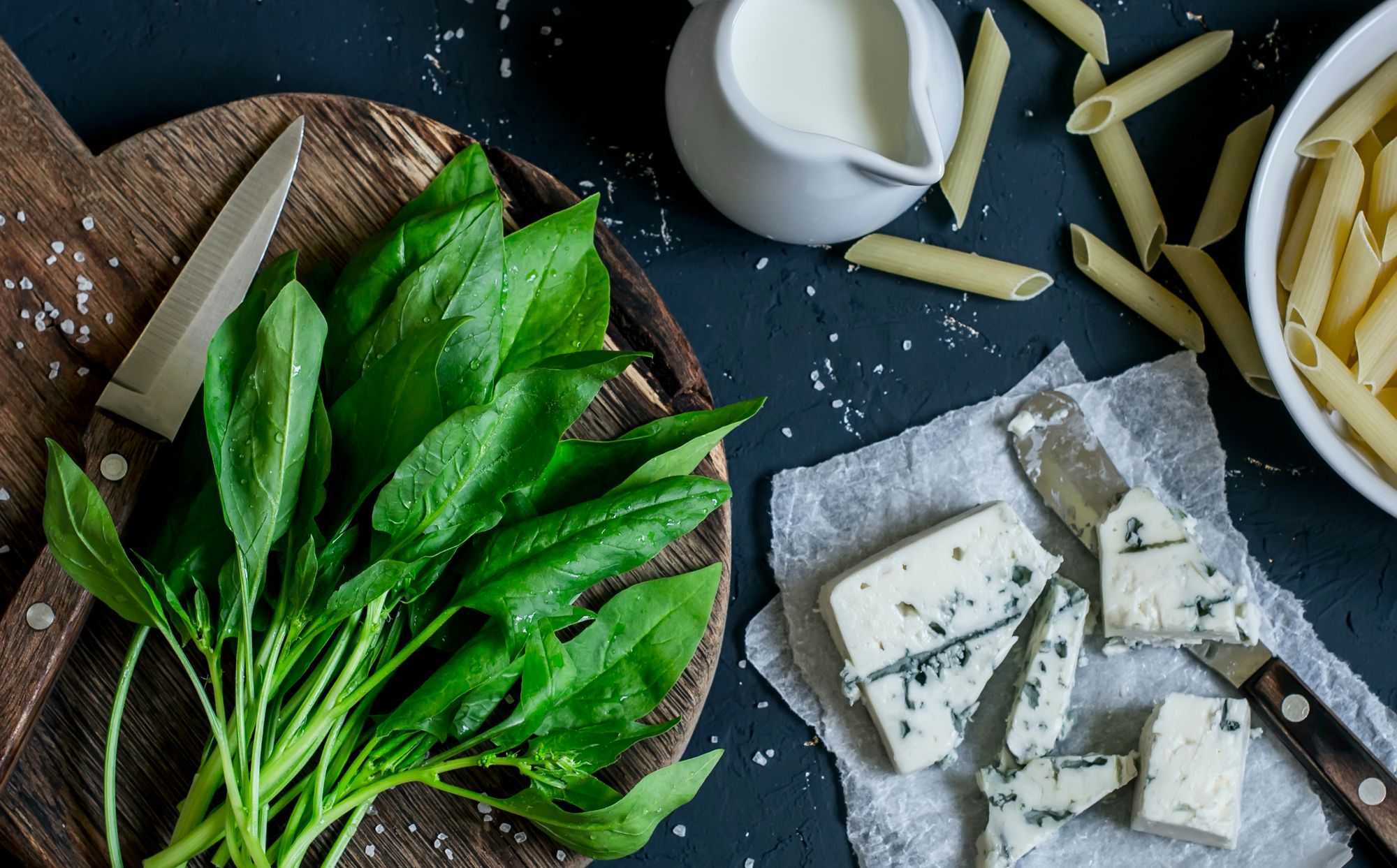 Penne with Gorgonzola, Bacon, and Spinach