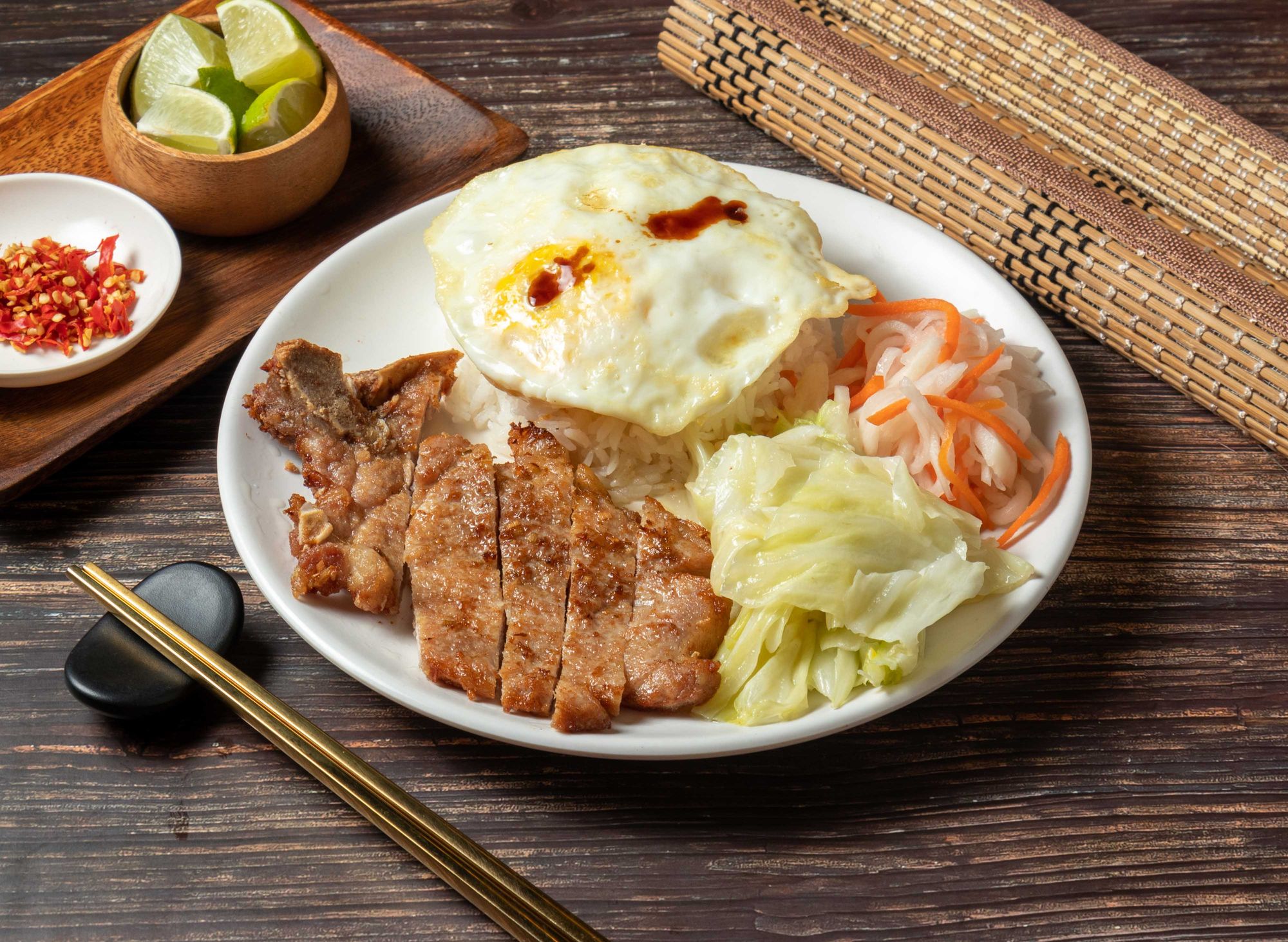 Jerk Pork Chops with Rice and Slaw