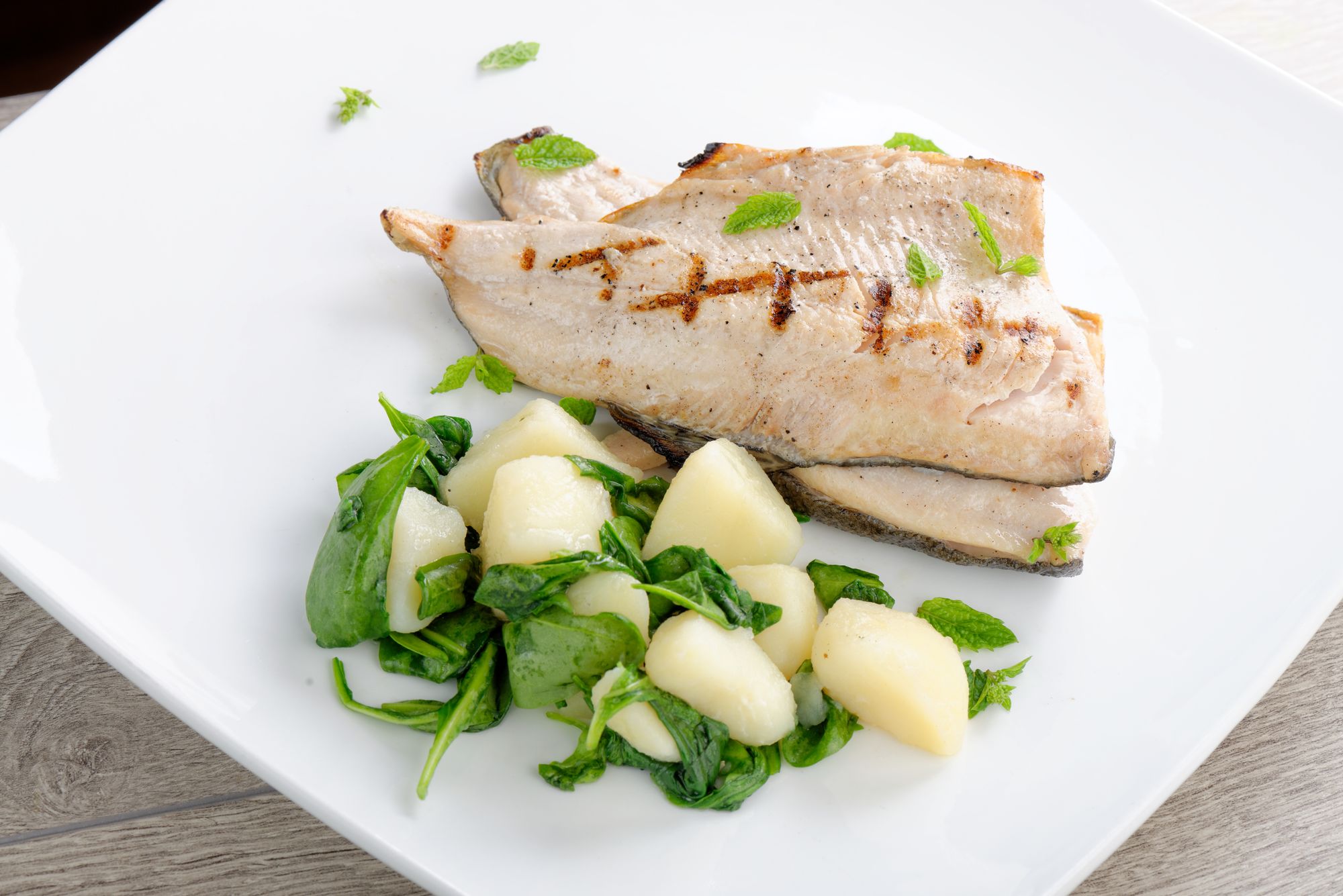 Sea Bass with Pea and Potato Salad