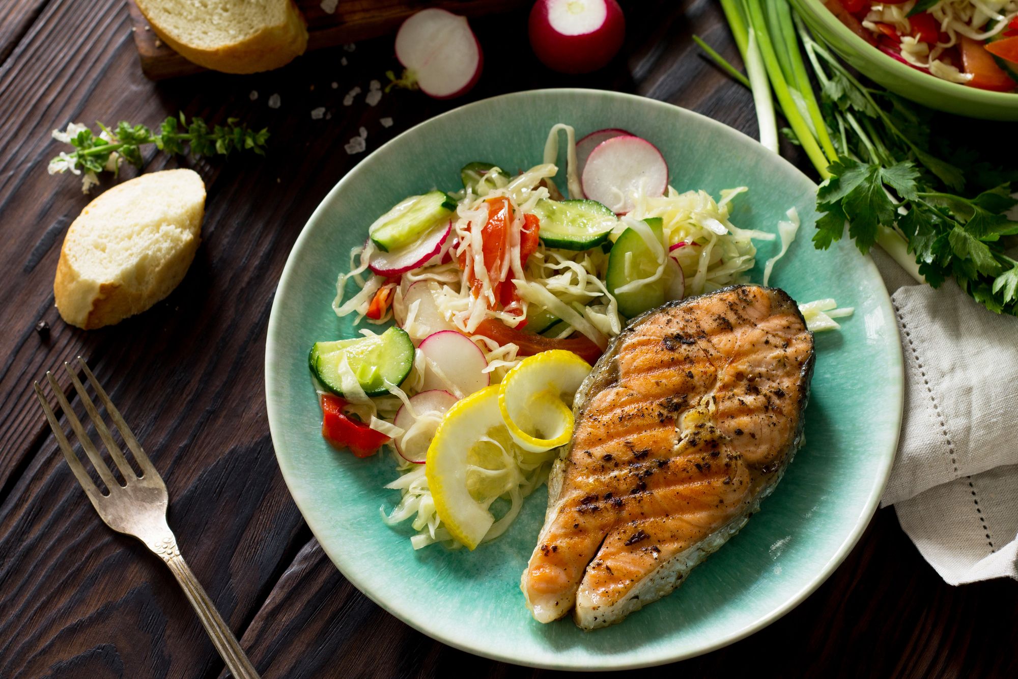 Salmon with Radish, Olive and Orange Slaw