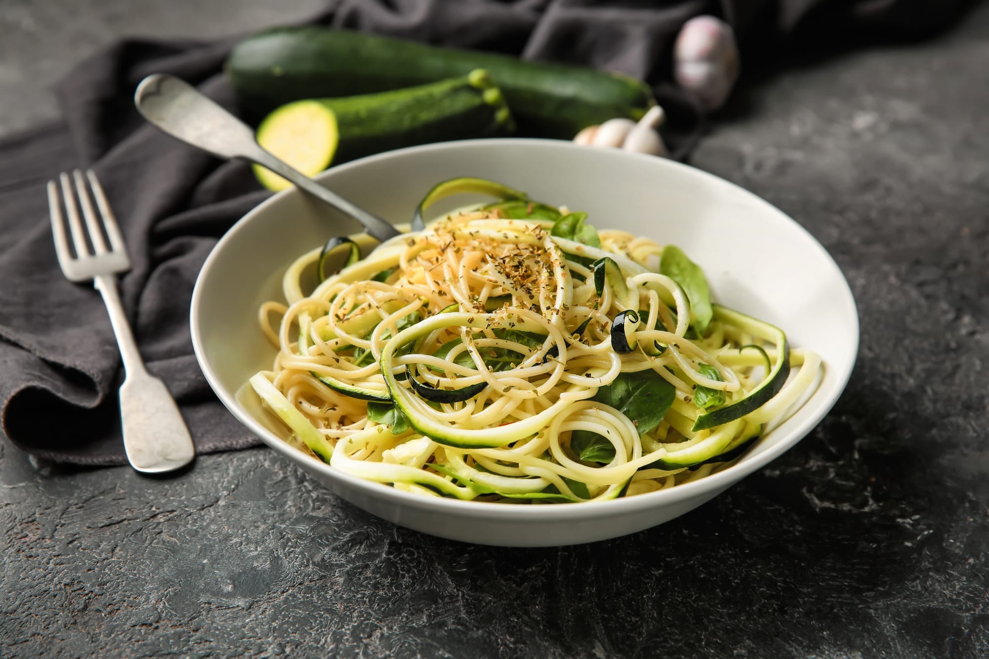 Fried Courgette and Almond Linguine