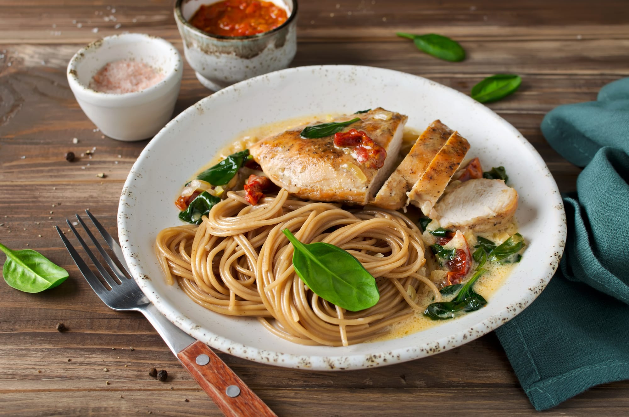 Roast Chicken and Spinach Pasta