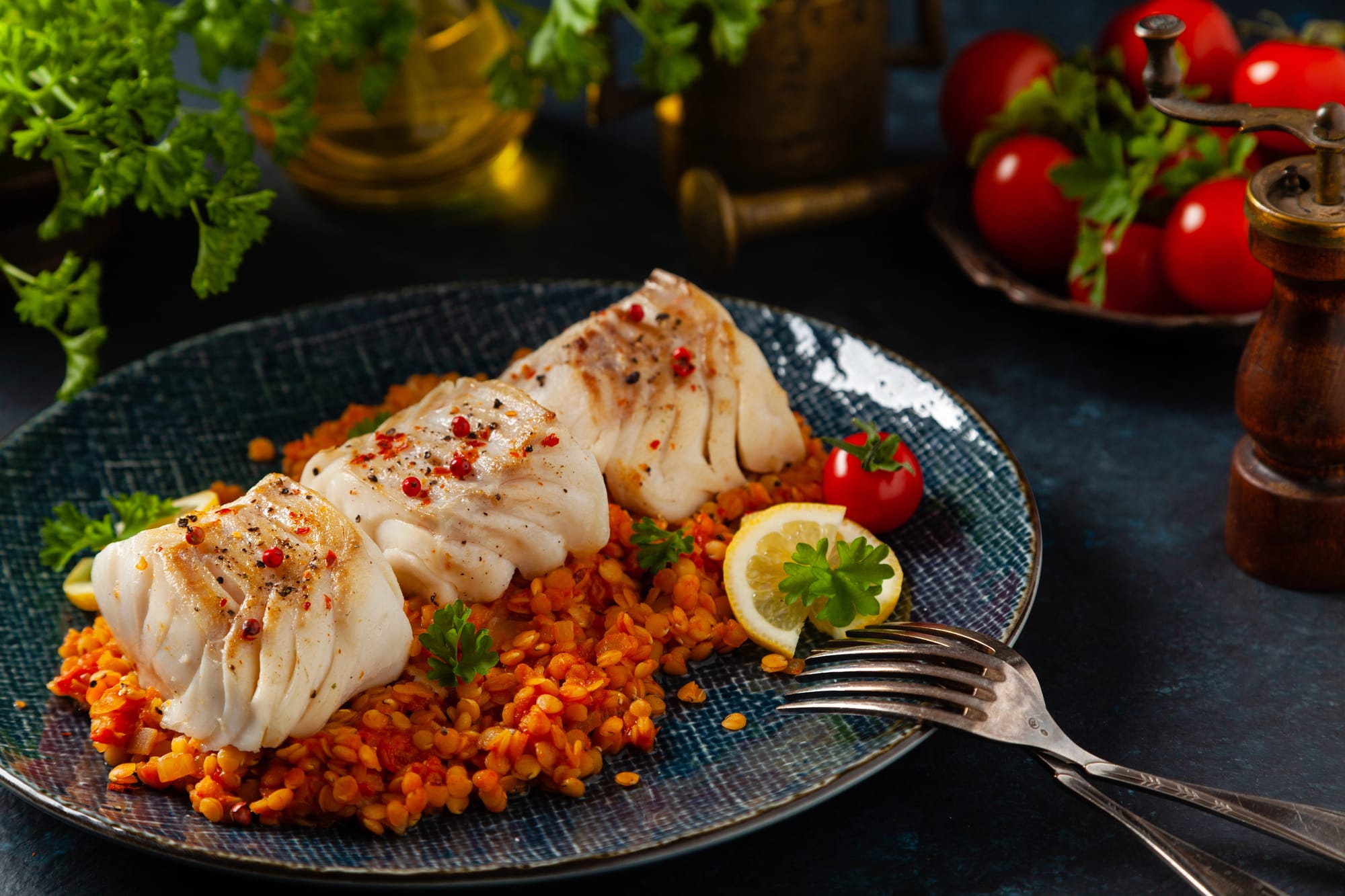 Harissa White Fish with Lentils