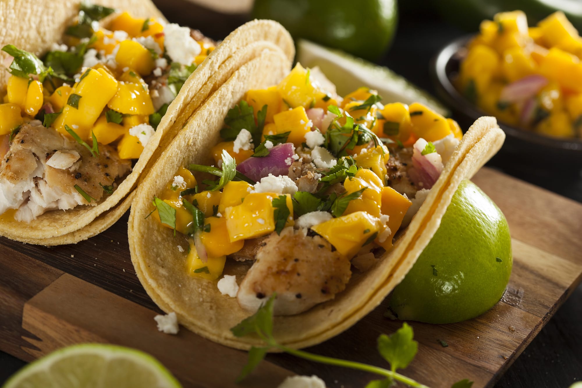 Fish Tacos with Mango Salsa and Chipotle Mayo