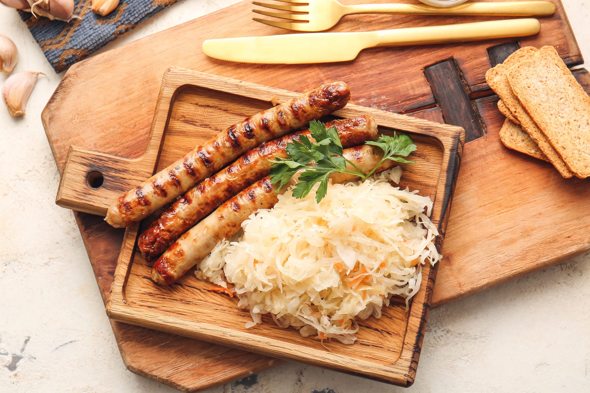 Grilled Bratwurst with Quick Sauerkraut and Grain Mustard