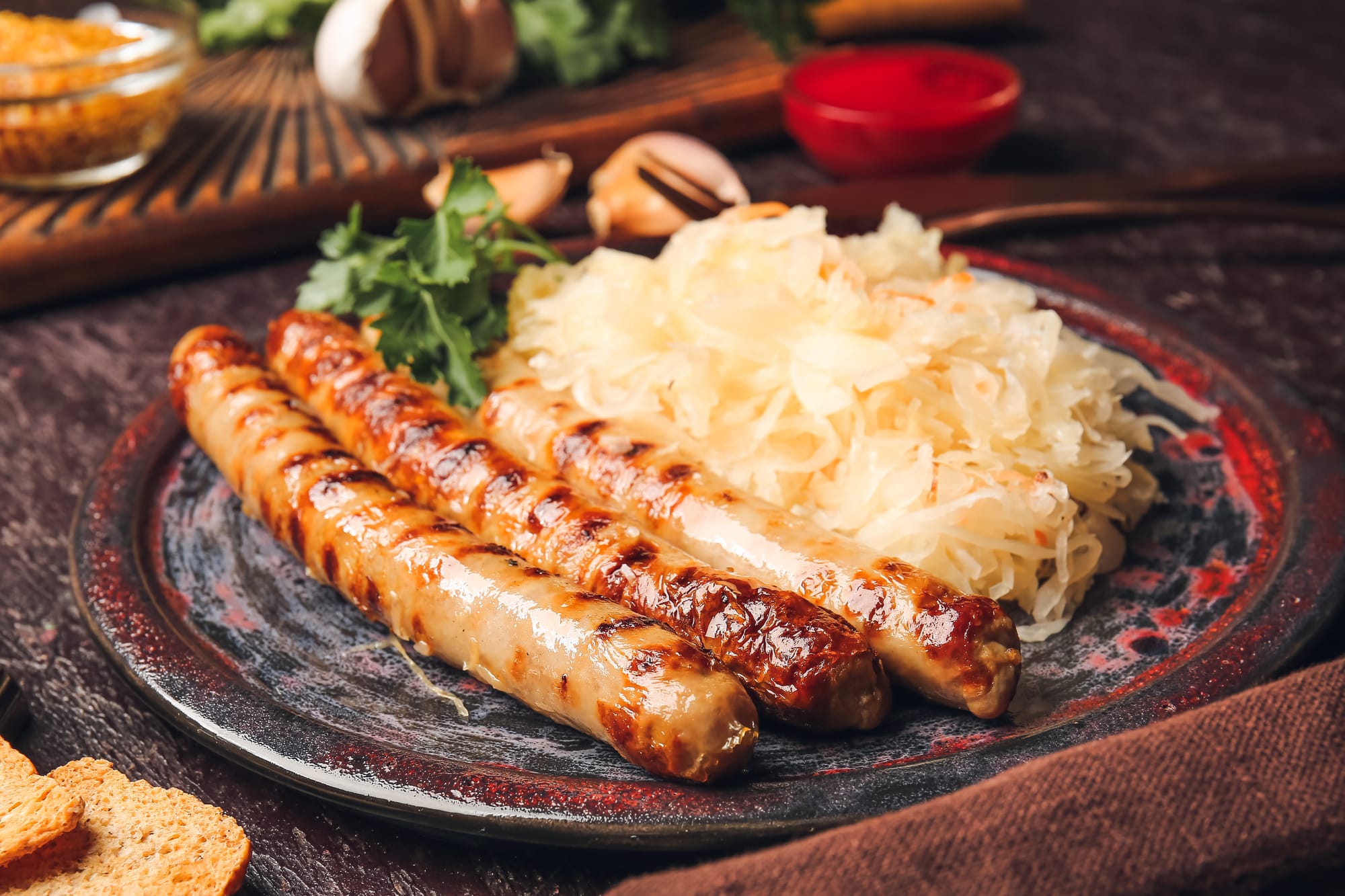 Bratwurst with Sauerkraut and Seeded Mustard
