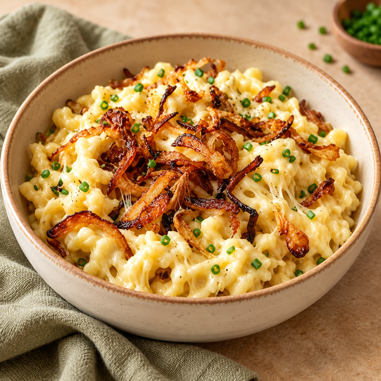 Cheesy Spätzle with Crispy Onions