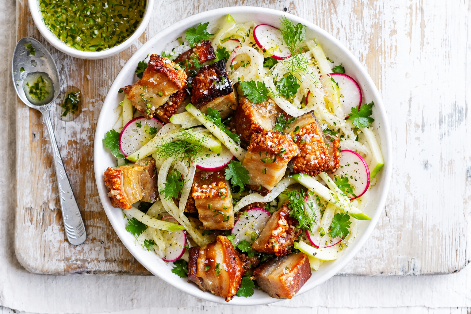 Crispy Pork Belly Bites with Fennel and Radish Salad