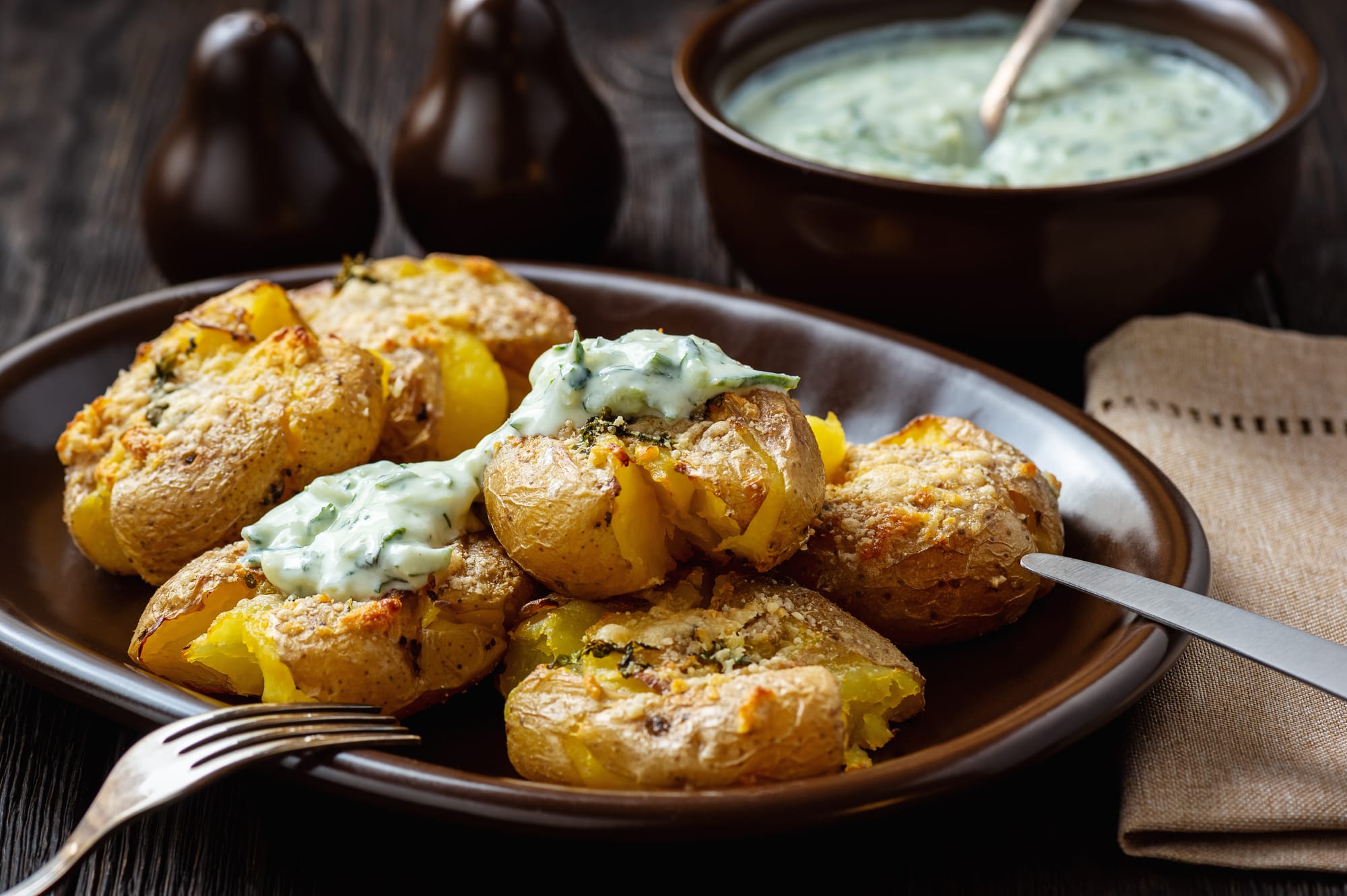 Crispy Smashed Potatoes with Roasted Garlic Aioli