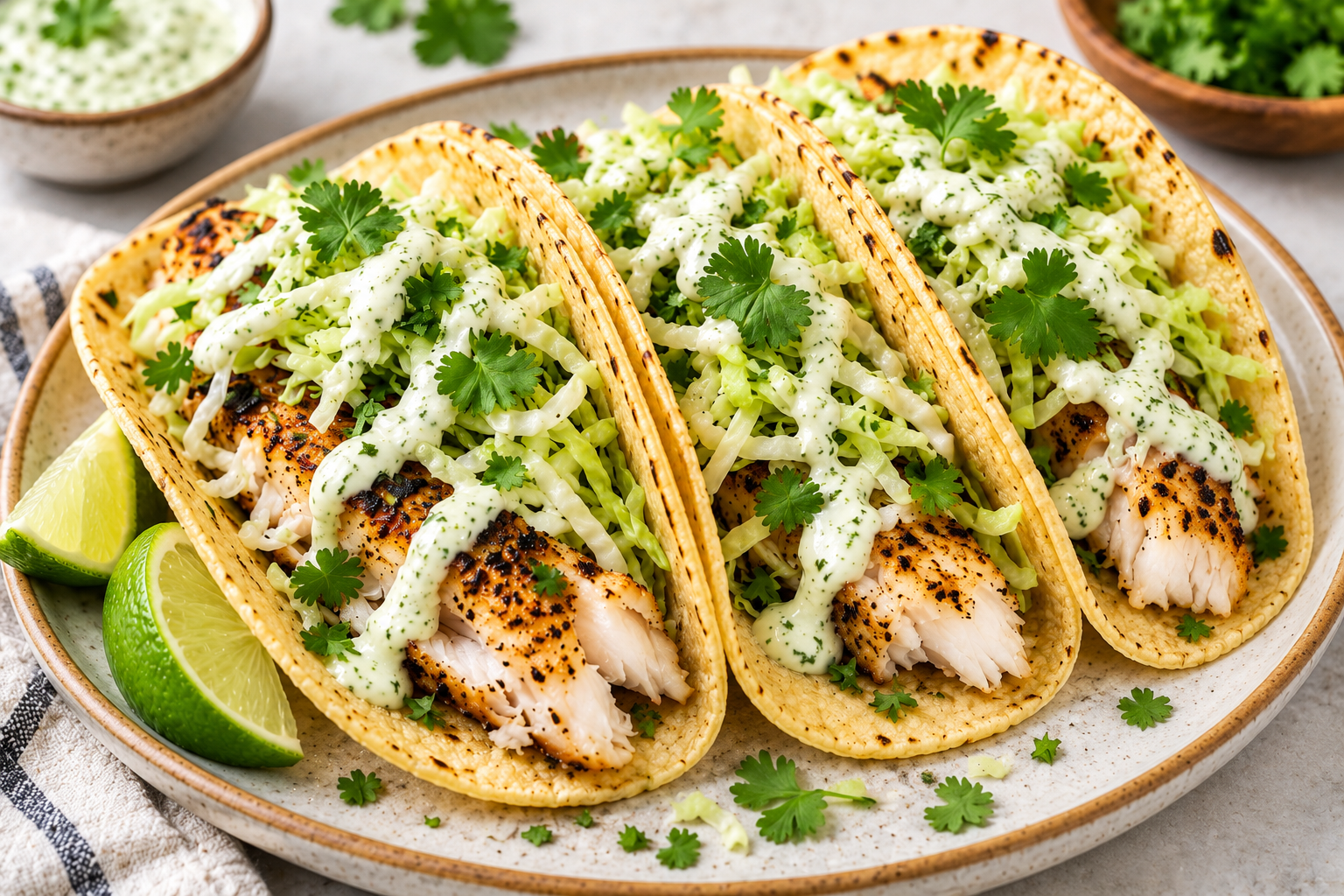 Grilled Fish Tacos with Lime Crema