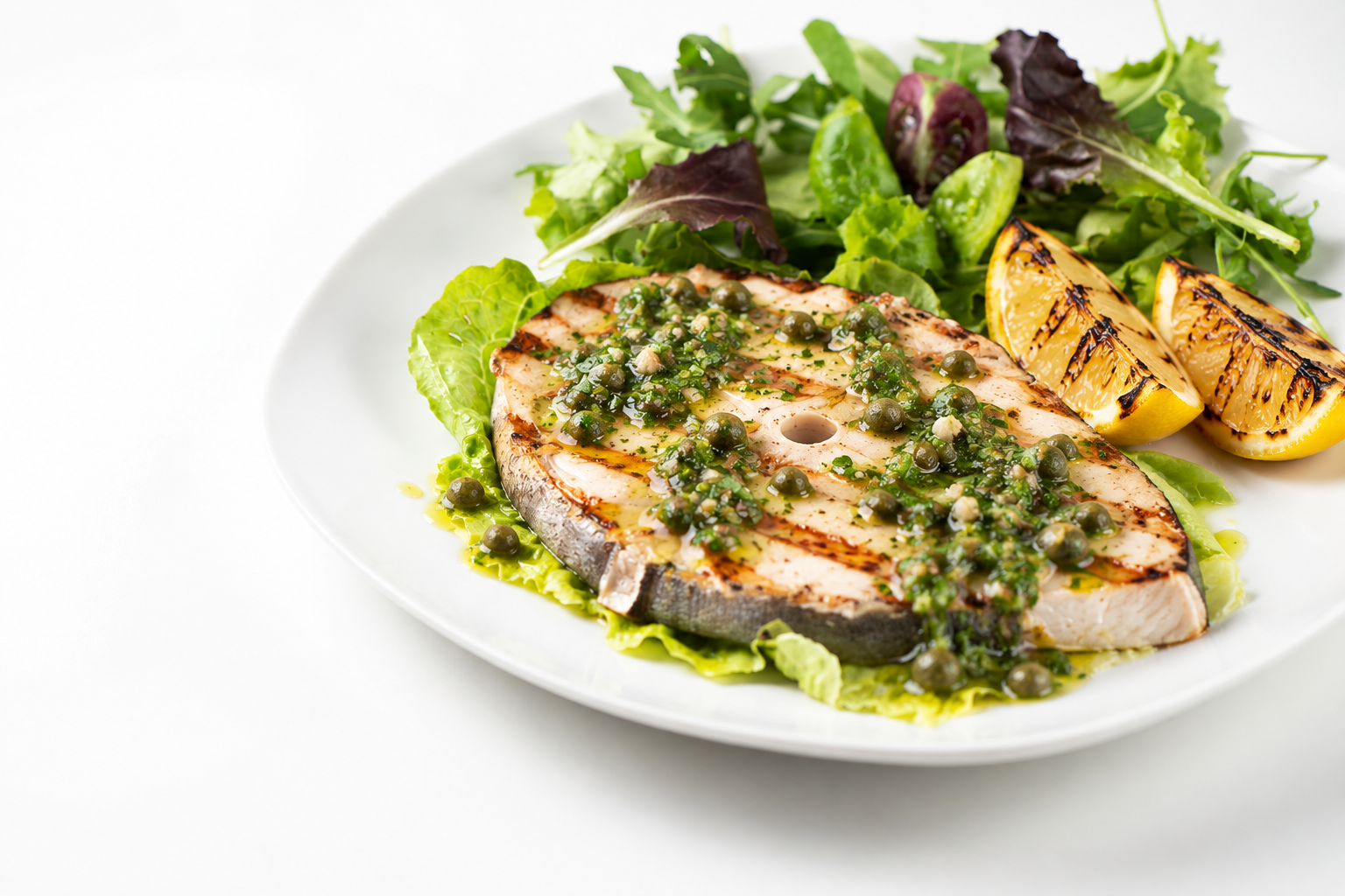 Grilled Swordfish with Charred Lemon and Salsa Verde