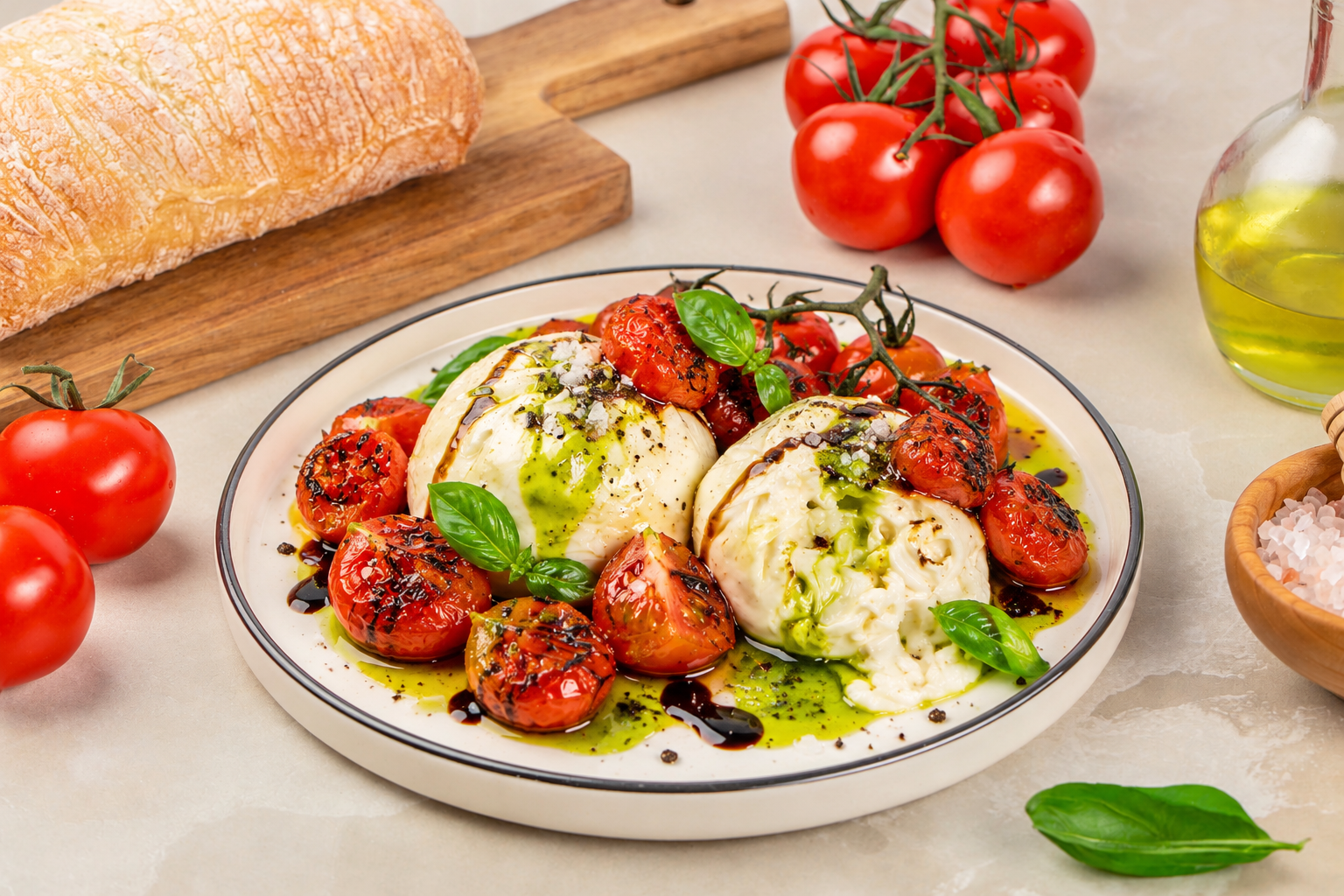 Burrata with Charred Tomatoes and Basil Oil