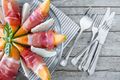 Prosciutto-Wrapped Cheese with Melon Salad