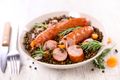Mustard Lentils with Beetroot and Lamb Sausages