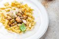 Tahini, Mushroom and Pistachio Fusilli