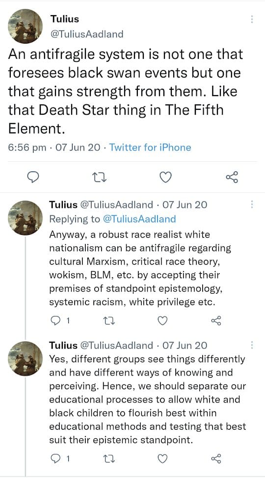 Tulius @TuliusAadland An antifragile system is not one that foresees black swan events but one that gains strength from them. Like that Death Star thing in The Fifth Element. Anyway, a robust race realist white nationalism can be antifragile regarding cultural Marxism, critical race theory, wokism, BLM, etc. by accepting their premises of standpoint epistemology, systemic racism, white privilege etc. Yes, different groups see things differently and have different ways of knowing and perceiving. Hence, we should separate our educational processes to allow white and black children to flourish best within educational methods and testing that best suit their epistemic standpoint. Yes, racism is interwoven into every facet of society. It always has been and always will be, because race is natural, affecting everything about our lives. To act otherwise is to deny natural revelation and natural law. Best to keep it that way. And since society - politics and culture - is racist, it is best for society to be demarcated along racial lines. Let whites socially combine with whites and blacks with blacks. A racially neutral society is impossible. Best to cut with the grain. Finally yes, white privilege exists b/c our ancestors were productive, strong, inventive, foresighted, & concerned for their posterity. This is natural & it’s called social capital. A good man leaves an inheritance to his children and children’s children. So does a good society.