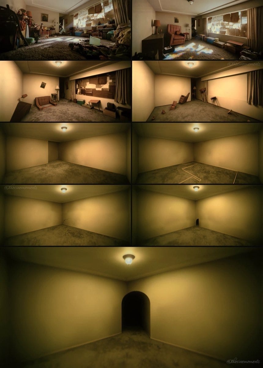 9 shots tracking Mary's childhood home as the Backrooms keeps re-copying  it... until all that's left is a blank yellow room. Memory, degraded one  floor at a time.