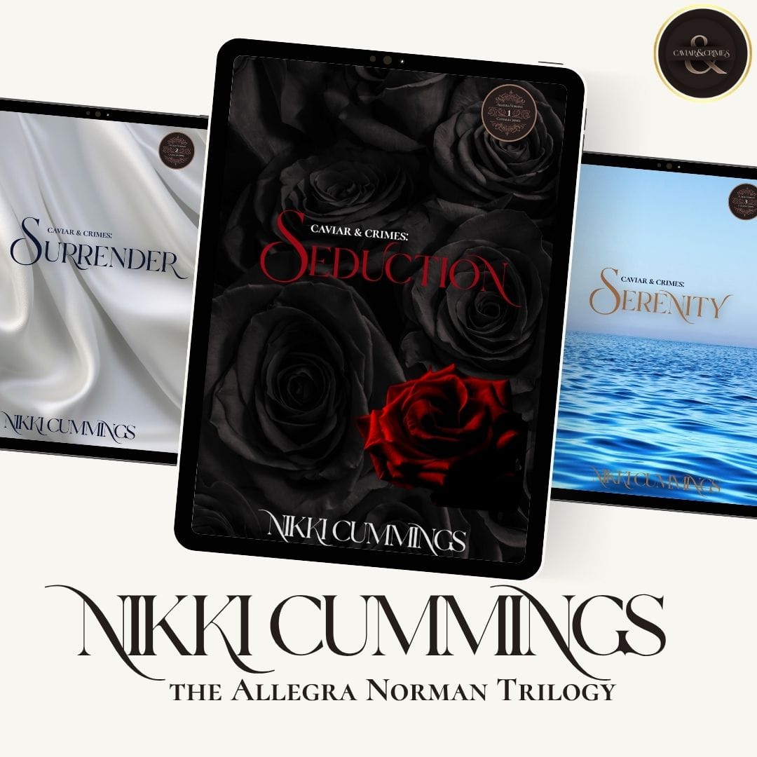 Digital mockup of Allegra Norman trilogy on iPad and paperback: Seduction, Surrender, and Serenity by Nikki Cummings