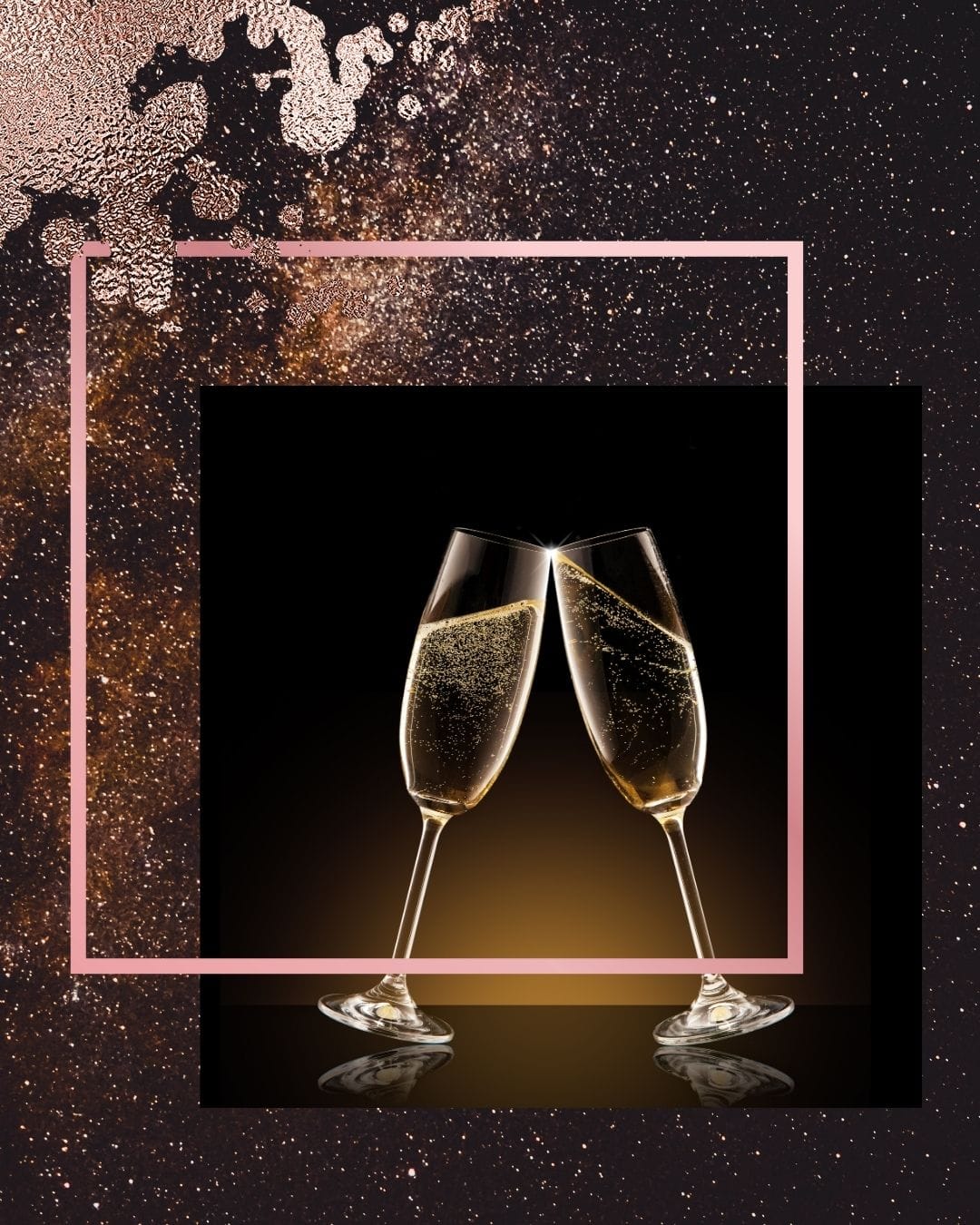 Two champagne flutes clinking in celebration against golden background, symbolizing partnership and success