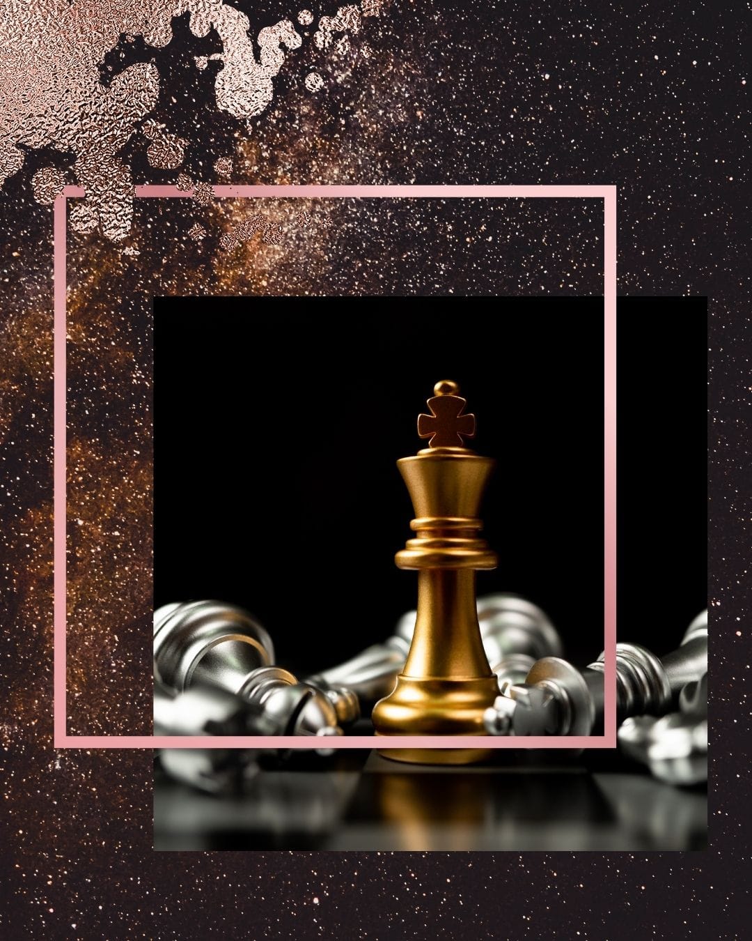 Gold and silver chess pieces with Caviar & Crimes logo promoting luxury romance blog