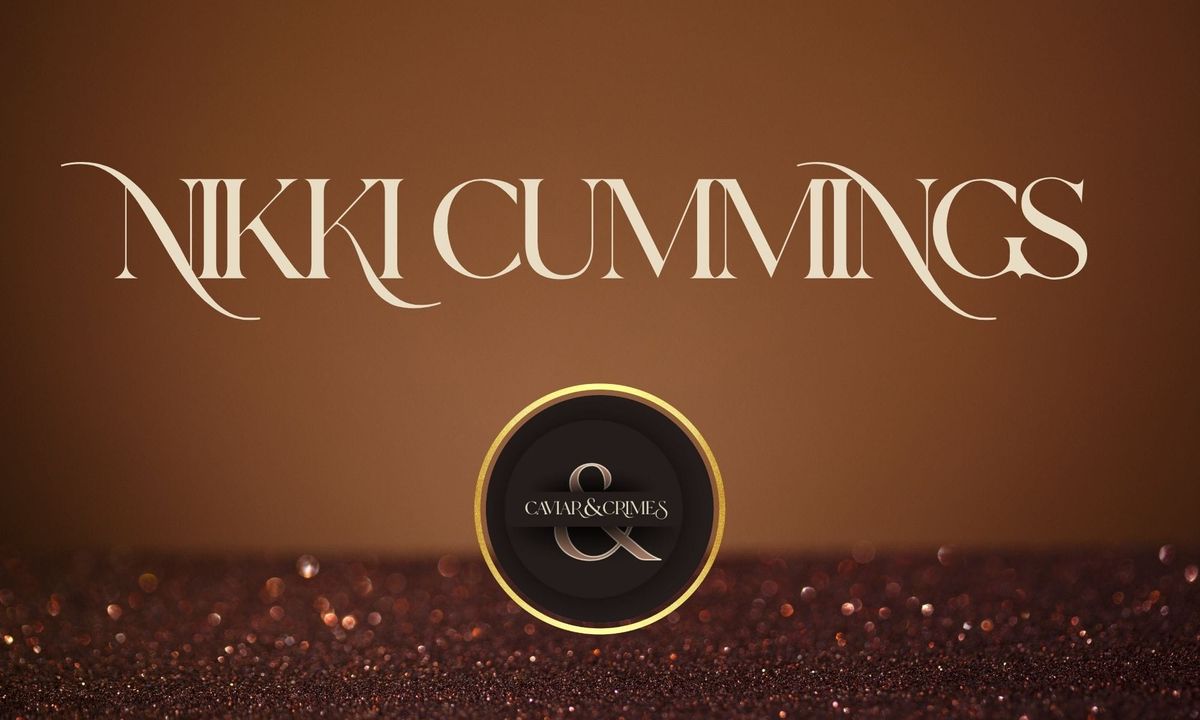 Nikki Cummings author name with Caviar & Crimes logo on warm bronze background with gold accents