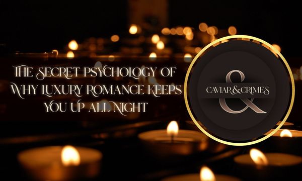 Candles glowing in darkness with Caviar & Crimes logo, text: The Secret Psychology of Why Luxury Romance Keeps You Up All Night