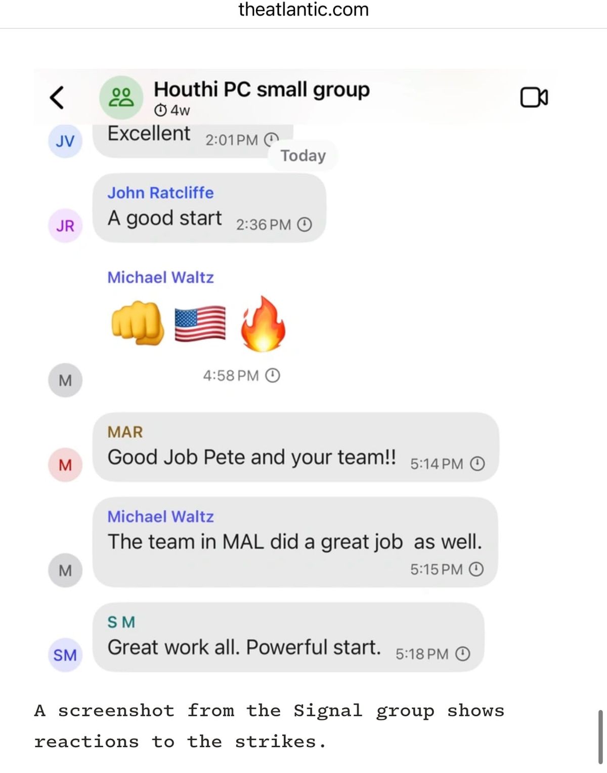 A screenshot from the Signal group taken by Jeffrey Goldberg