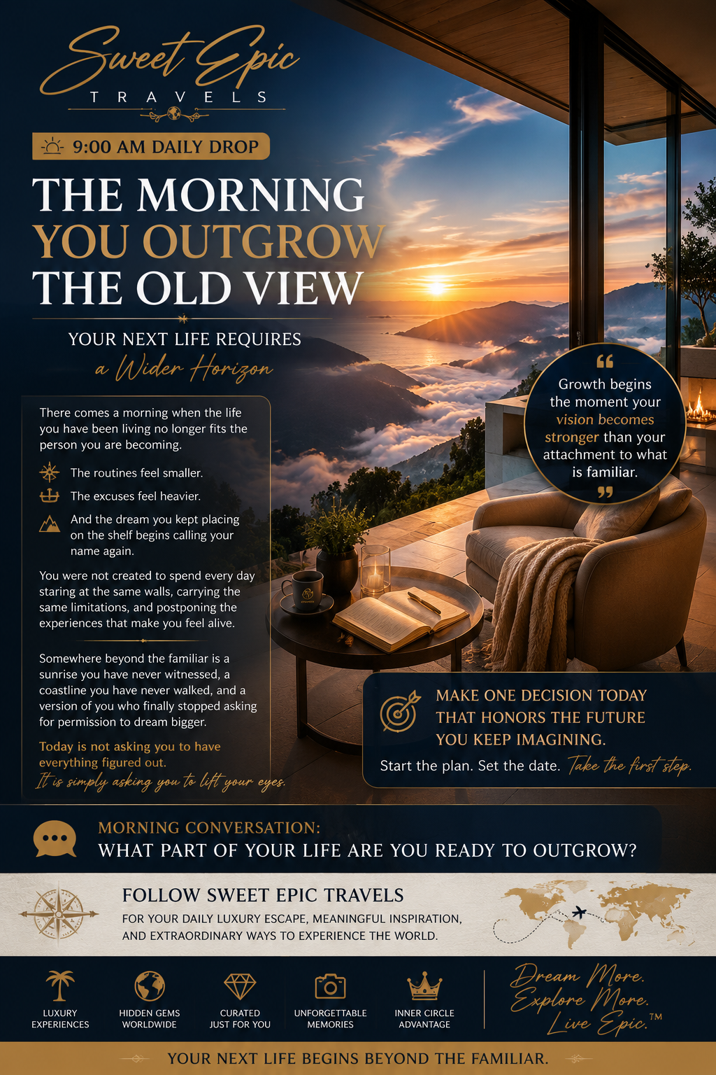 SWEET EPIC TRAVELS — 9:00 AM DAILY DROP THE MORNING YOU OUTGROW THE OLD VIEW