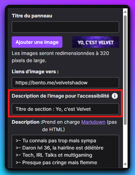 Capture de l'édition d'un panneau Twitch, avec une mise en évidence de la zone ALT TEXTE