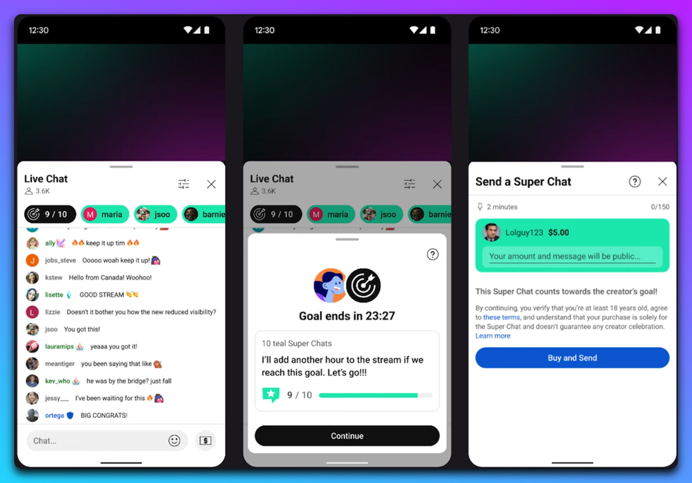 Capture de l'interface des goals de super chats sur YouTube, avec un objectif affiché à 9/10. Un exemple avec une pop-up permet de quémander des super chats.