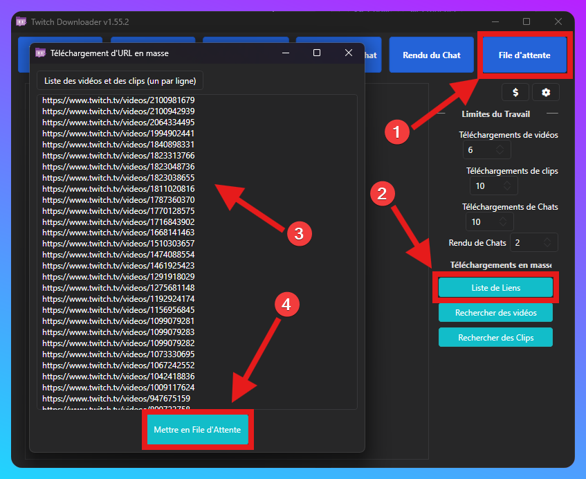 Capture de la fenêtre de telechargement d'URL en masse dans Twitch Downloader