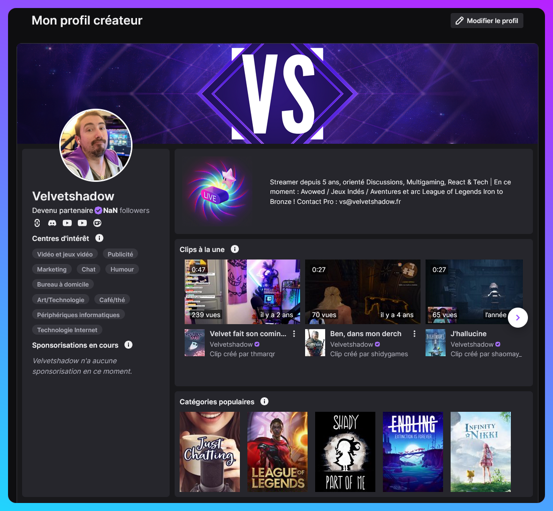 Capture de mon profil créateur sur Twitch : Photo, bannière et courte bio, suivi des centres d’intérêts, des clips populaires de la chaîne et des catégories de stream (jeux) principales