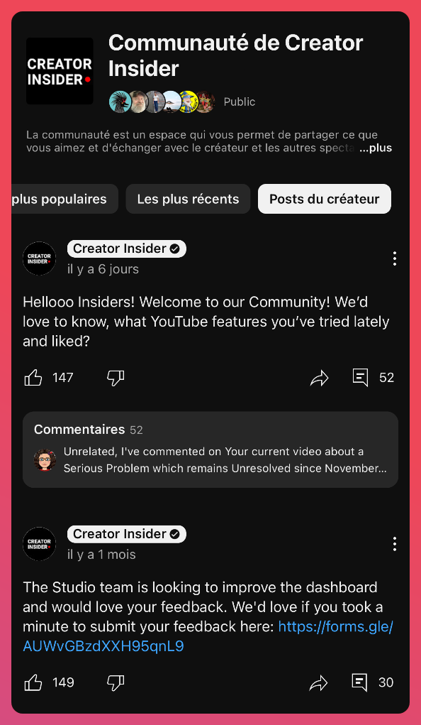 Voilà à quoi cela ressemble, avec des onglets pour trier (ici, uniquement les posts par le/la proprio de la chaîne, mais il est aussi possible de publier et de voir les publications d'autres membres)