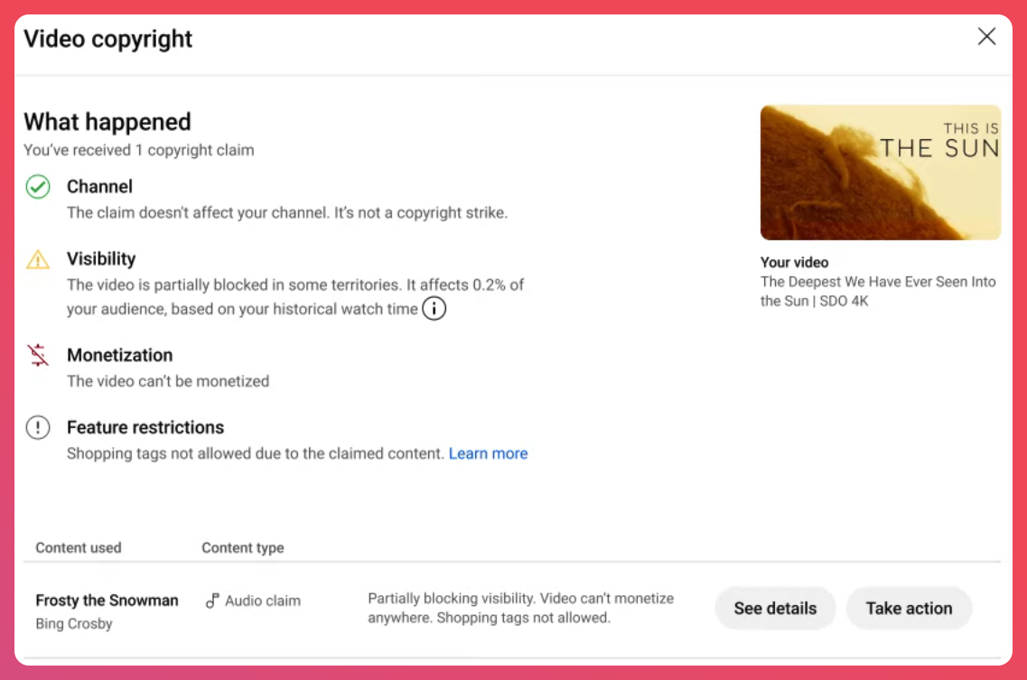 Capture du nouvel écran avec les détails d'un copyright claim.