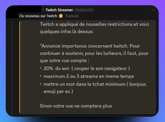 capture d'un post sur les réseaux relatant de fausses informations (vous ne comptez pas comme un viewer sur twitch si le son n'est pas au moins à 20% et si vous n'écrivez pas dans le tchat). Une ligne est vraie : maximum 2 ou 3 streams en même temps.