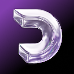 Silouhette d'un "D" stylisé avec une texture un peu liquid glass sur un fond en dégradé violet et noir