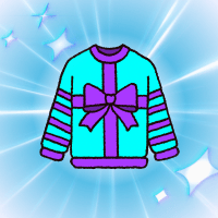 Badge Ugly Sweater sur Twitch, littéralement un pull moche aux couleurs criardes, arborant un nœud ample comme un ruban sur un paquet cadeau 