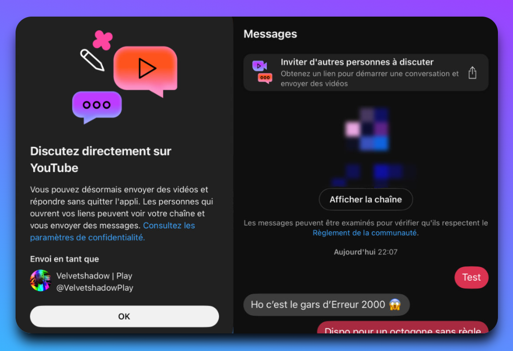 Capture de la pop-up "Discutez directement sur YouTube" expliquant que l'on peut envoyer des vidéos et messages sans quitter l'appli, en envoyant notre lien en dehors de l'appli. A sa droite, un exemple de conversation.
