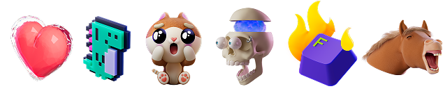 Stickers de combos disponibles : coeur, dino, chat choqué, crâne avec cerveau apparent, touche F enflammée et cheval qui rigole